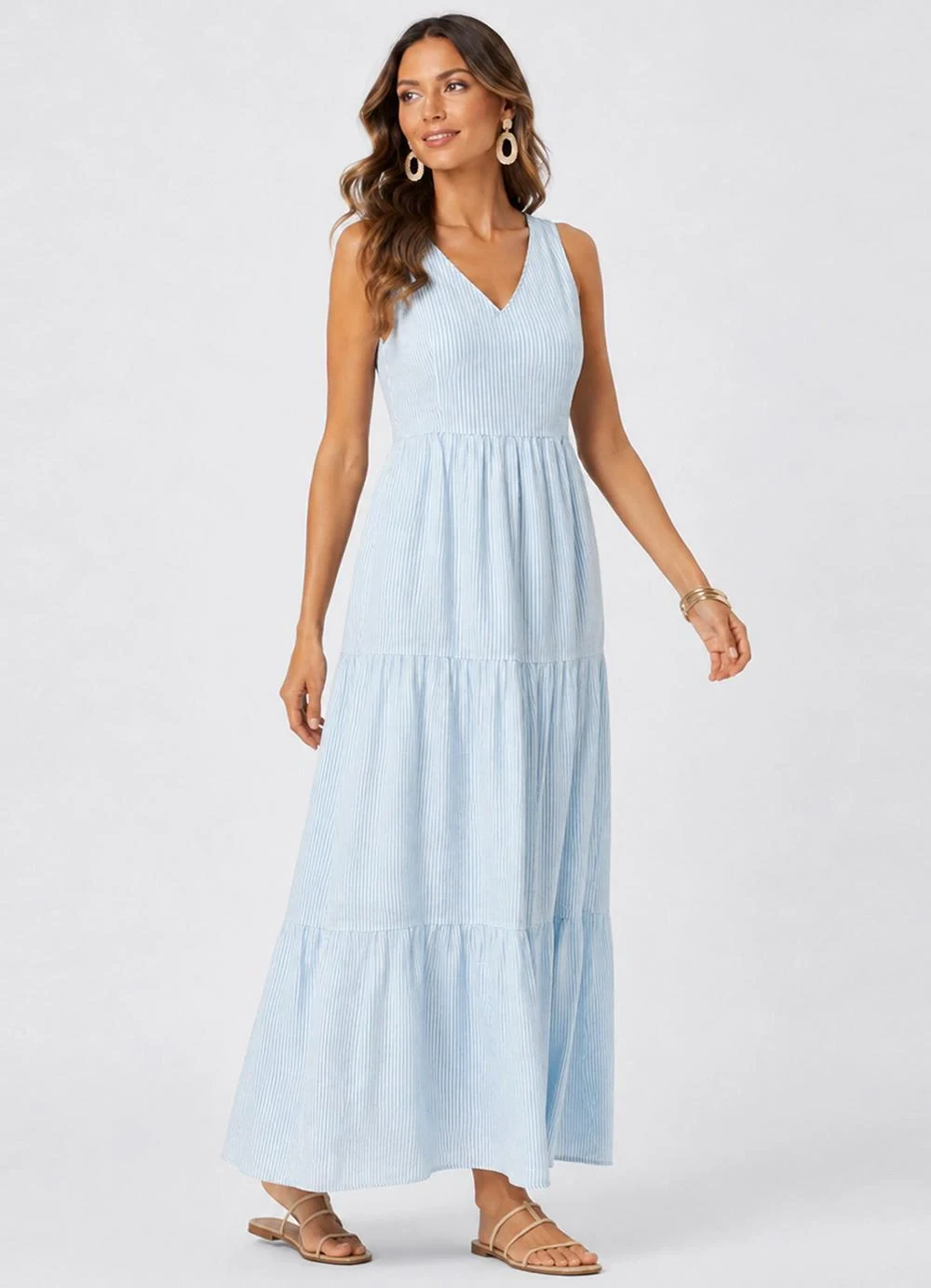 Rovitex - Vestido Midi Feminino Listrado Azul