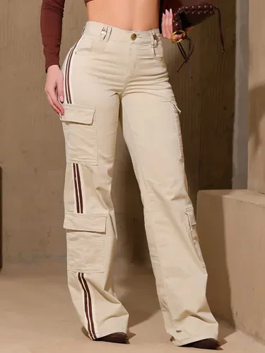 Calça Feminina Pit Bull Wide Leg Cargo Bege Com Bojo 89509