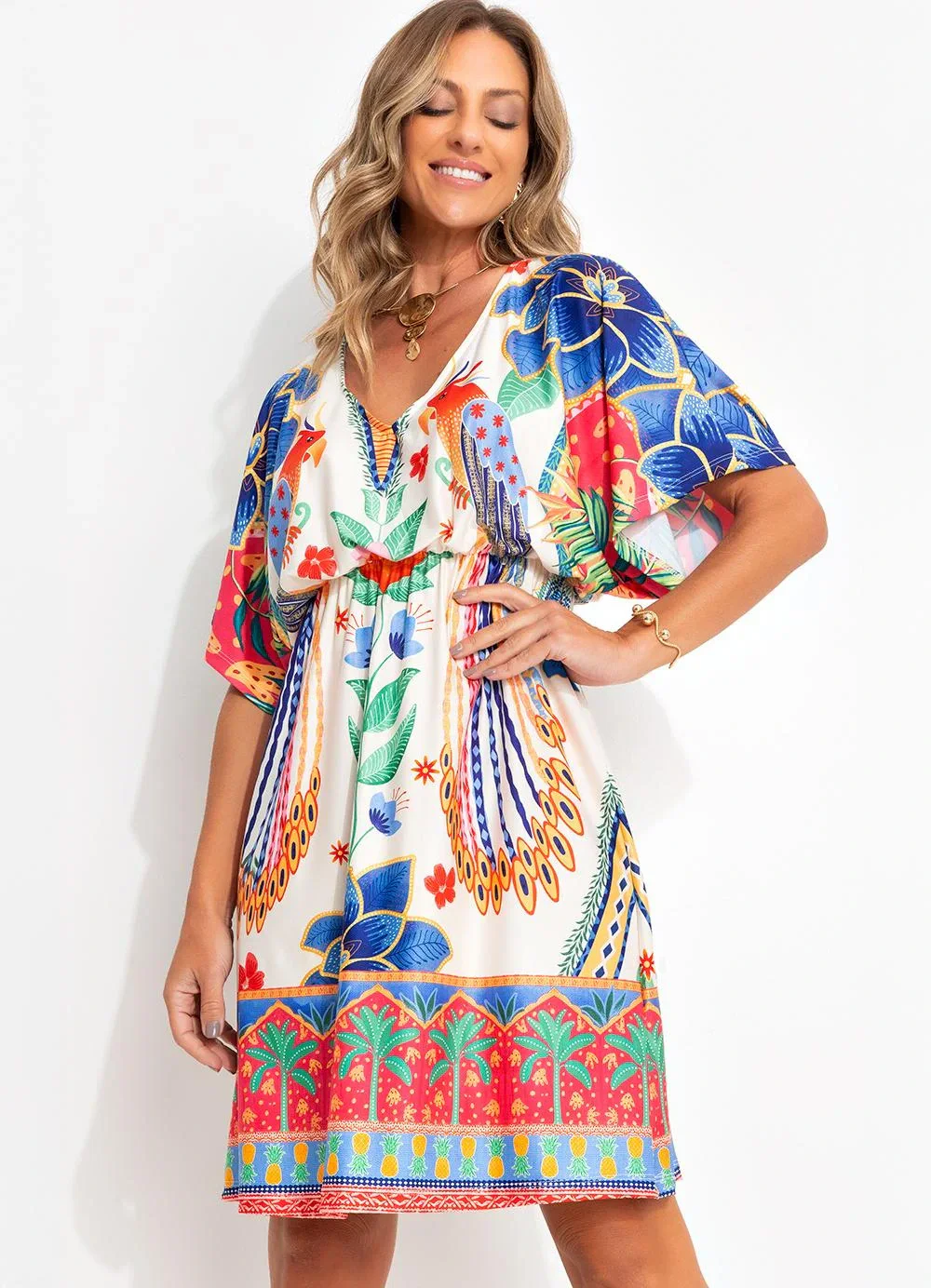 Quintess - Vestido Floral Tropical em Malha Fria