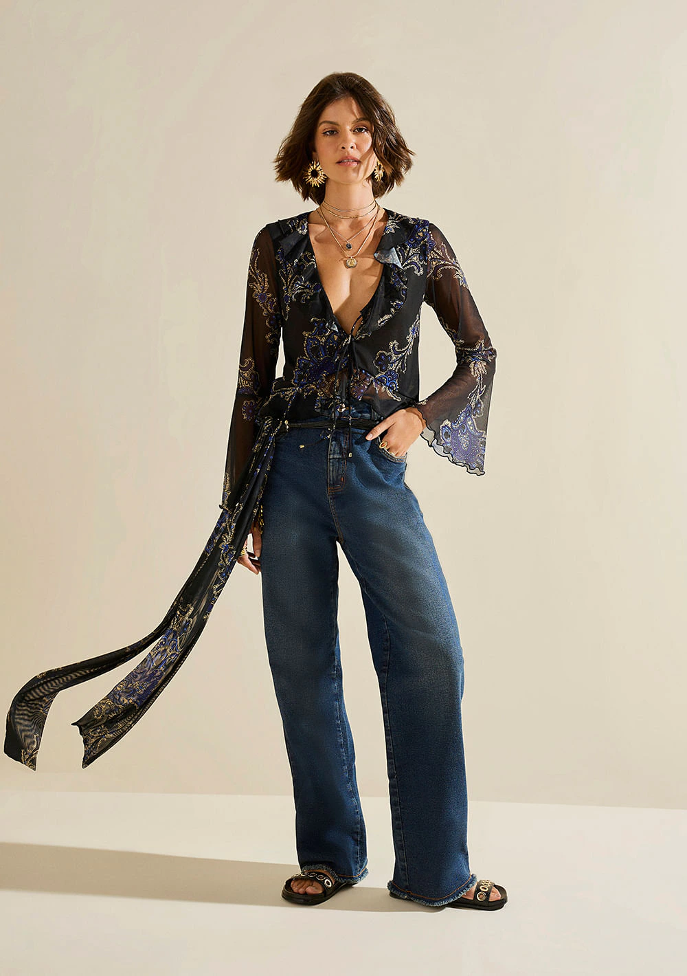 Blusa Morena Rosa Ajustada Decote V Manga Longa Padrão Preto/Azul