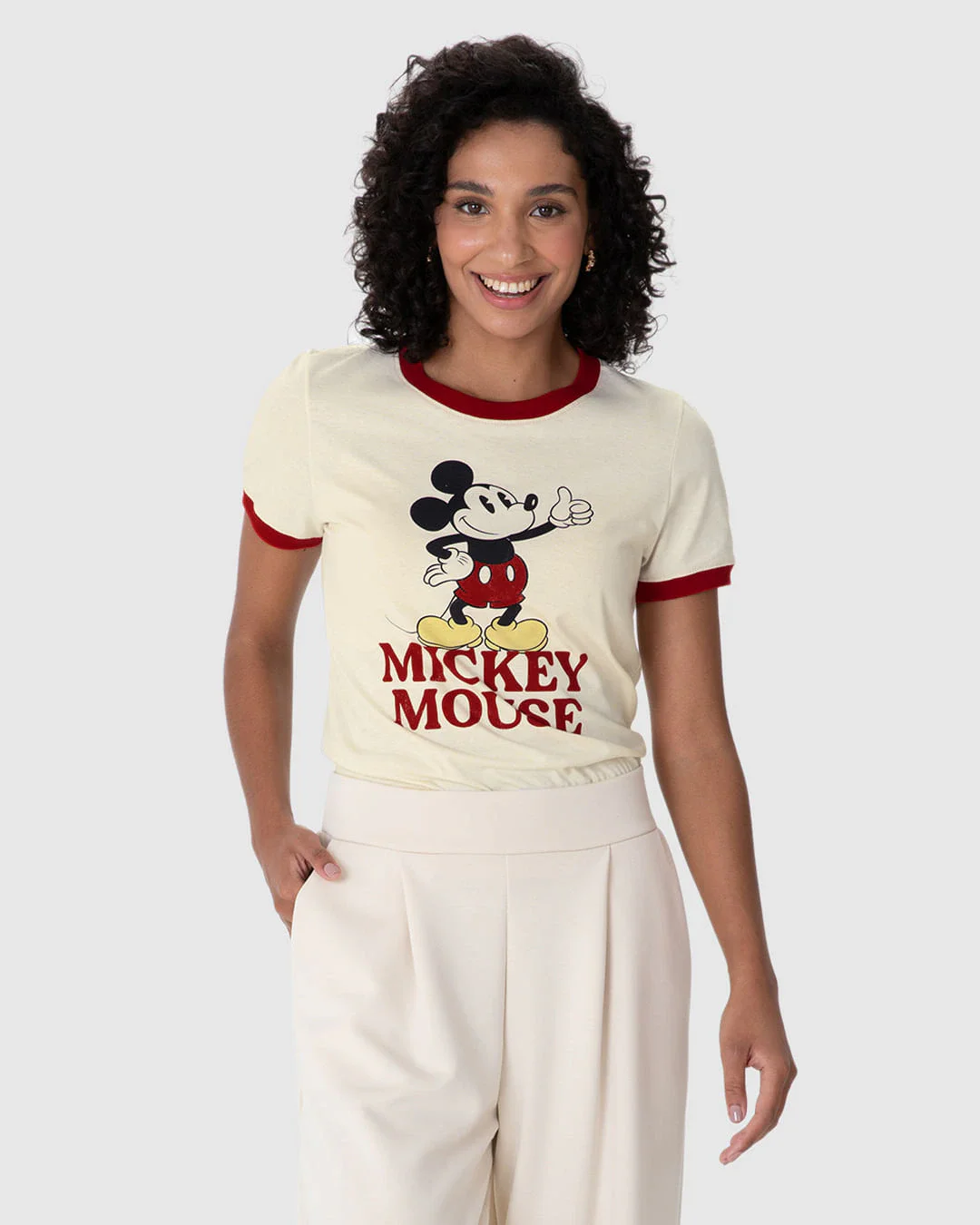 Camiseta Feminina Gola E Manga Contraste Mickey Mouse Em Algodão