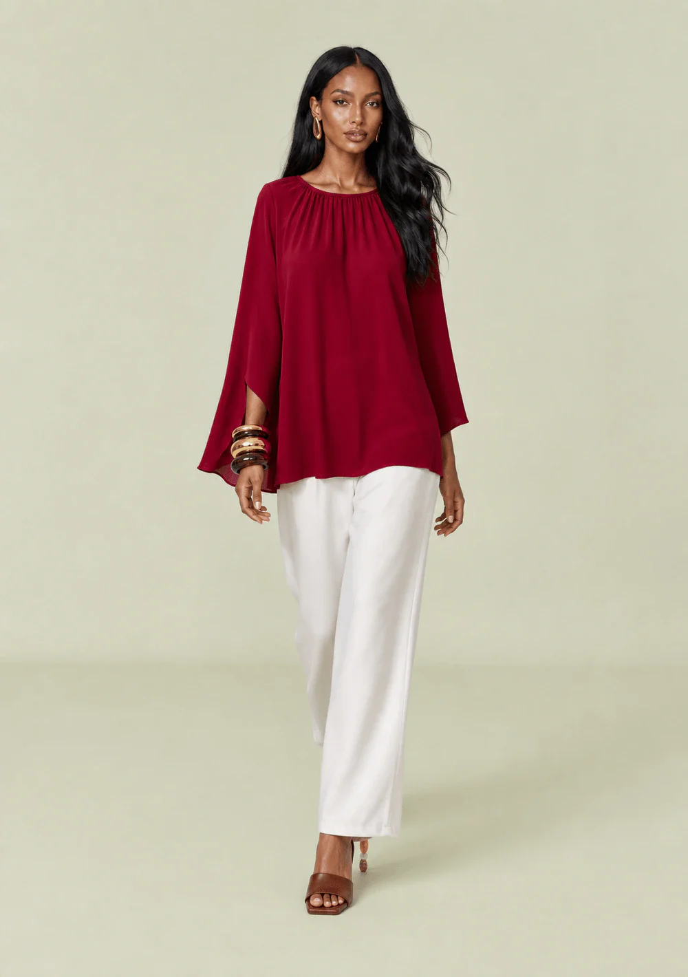Blusa Maria.Valentina Solta Decote Canoa Manga Longa Alongada Vermelho