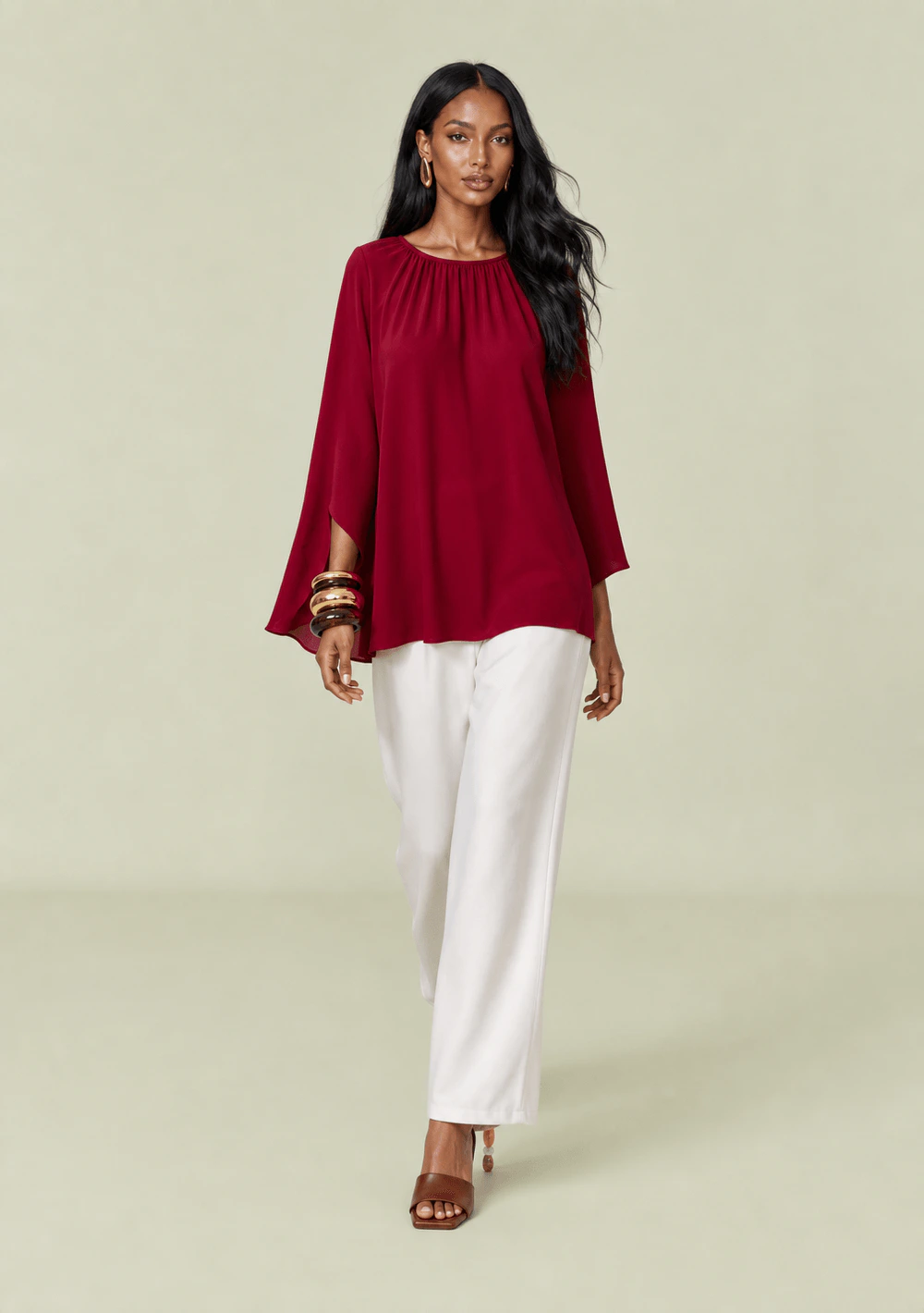 Blusa Maria.Valentina Solta Decote Canoa Manga Longa Alongada Vermelho