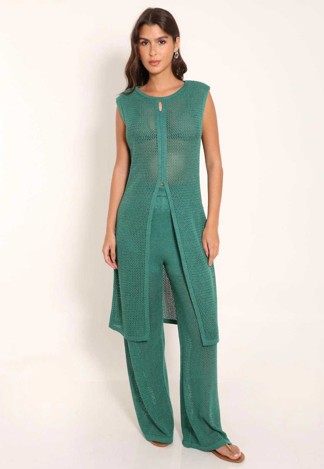 Calça Feminina Tricot Pantalona Com Bolso Frontal