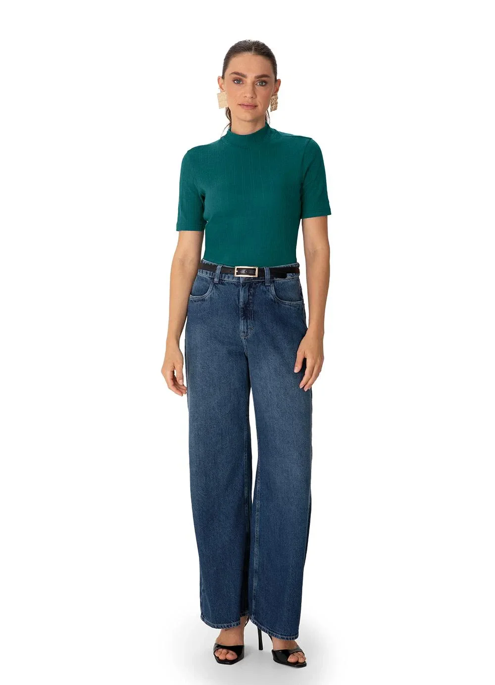 Enfim - Blusa Justa em Tricot Verde Petróleo