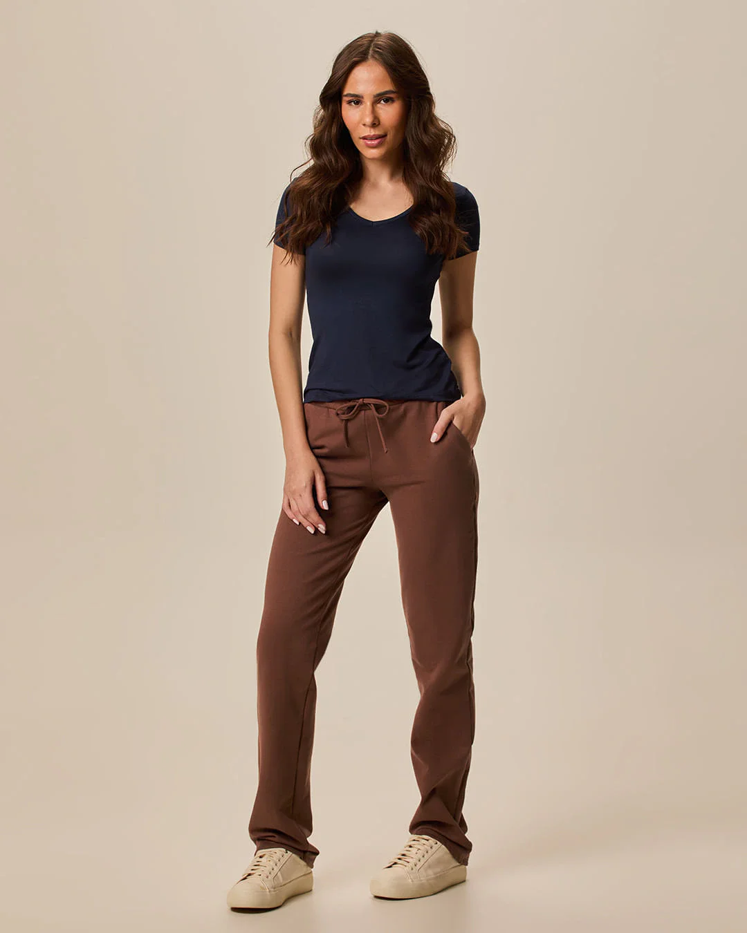 Calça Básica Feminina Reta Em Moletom Stretch Flanelado