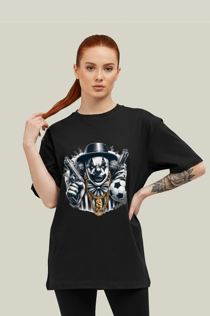 Camiseta Oversized Feminina Preta Algodão Prime Clown Of Chaos WSS