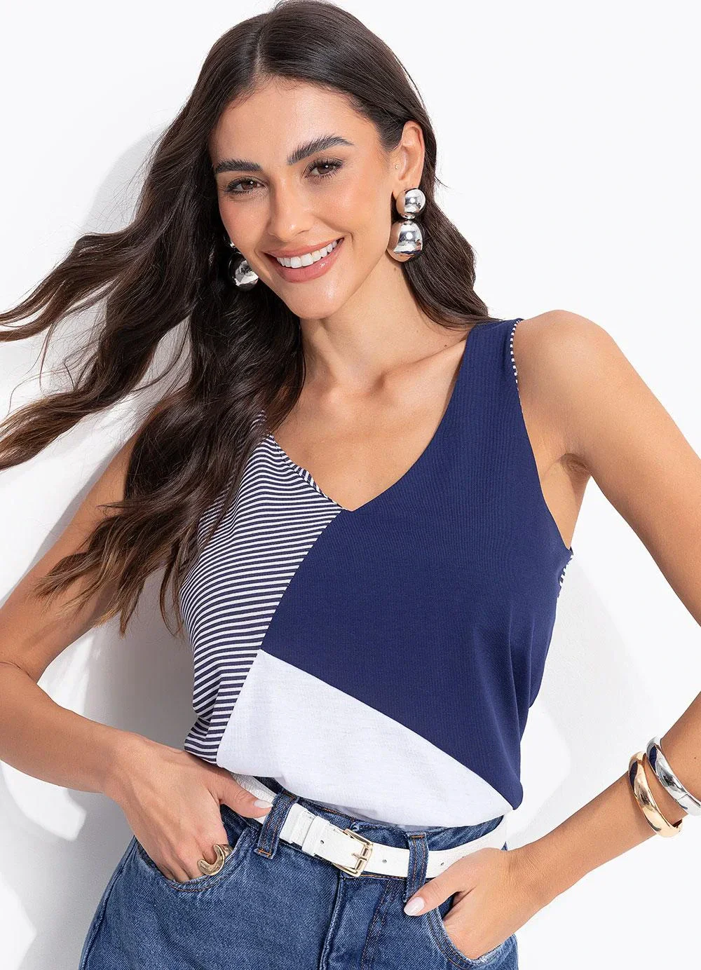 Bimini - Blusa Azul Escuro em Meia Malha Listrada