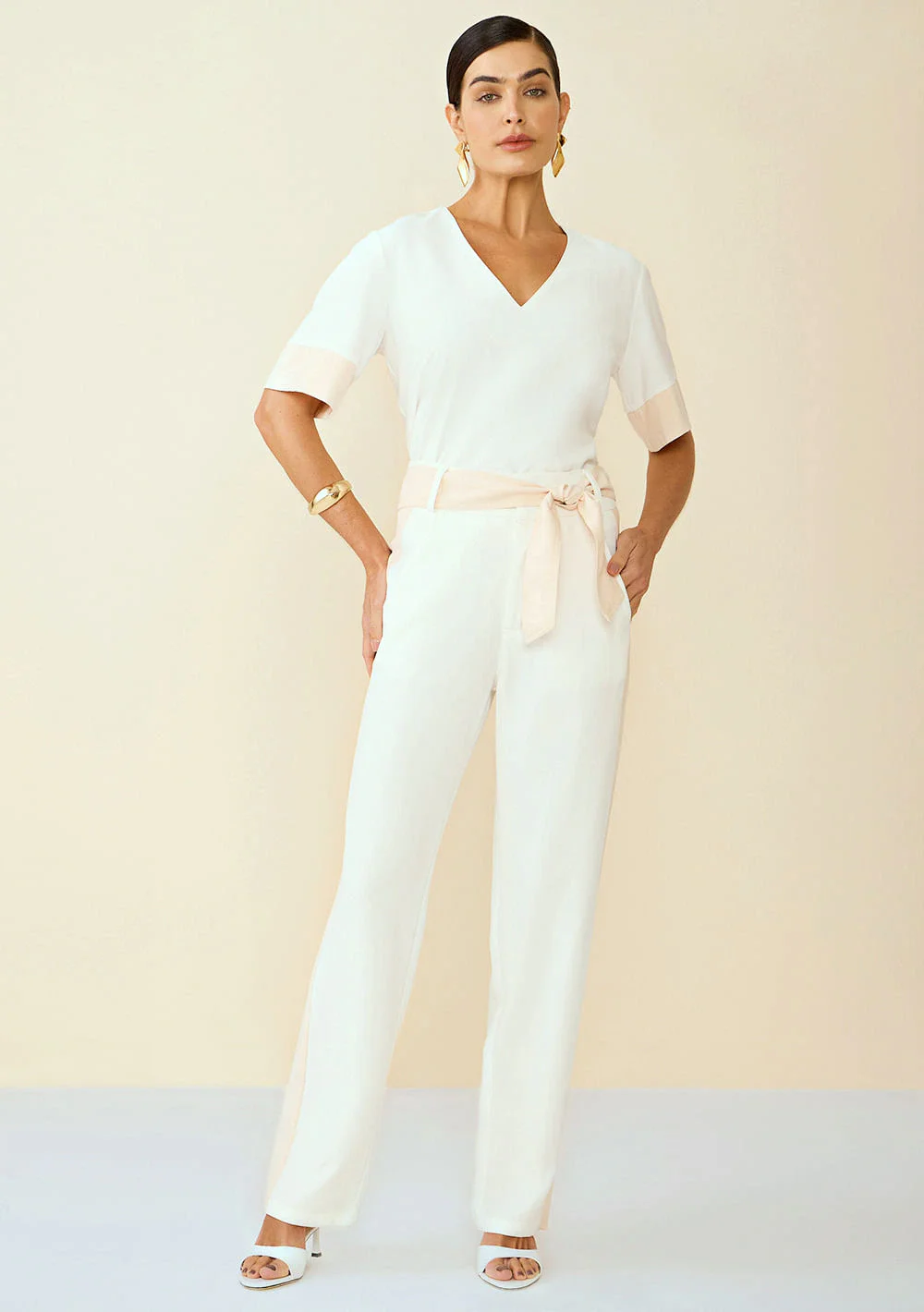 Calça Maria.Valentina Reta Cós Alto Com Faixa Off White