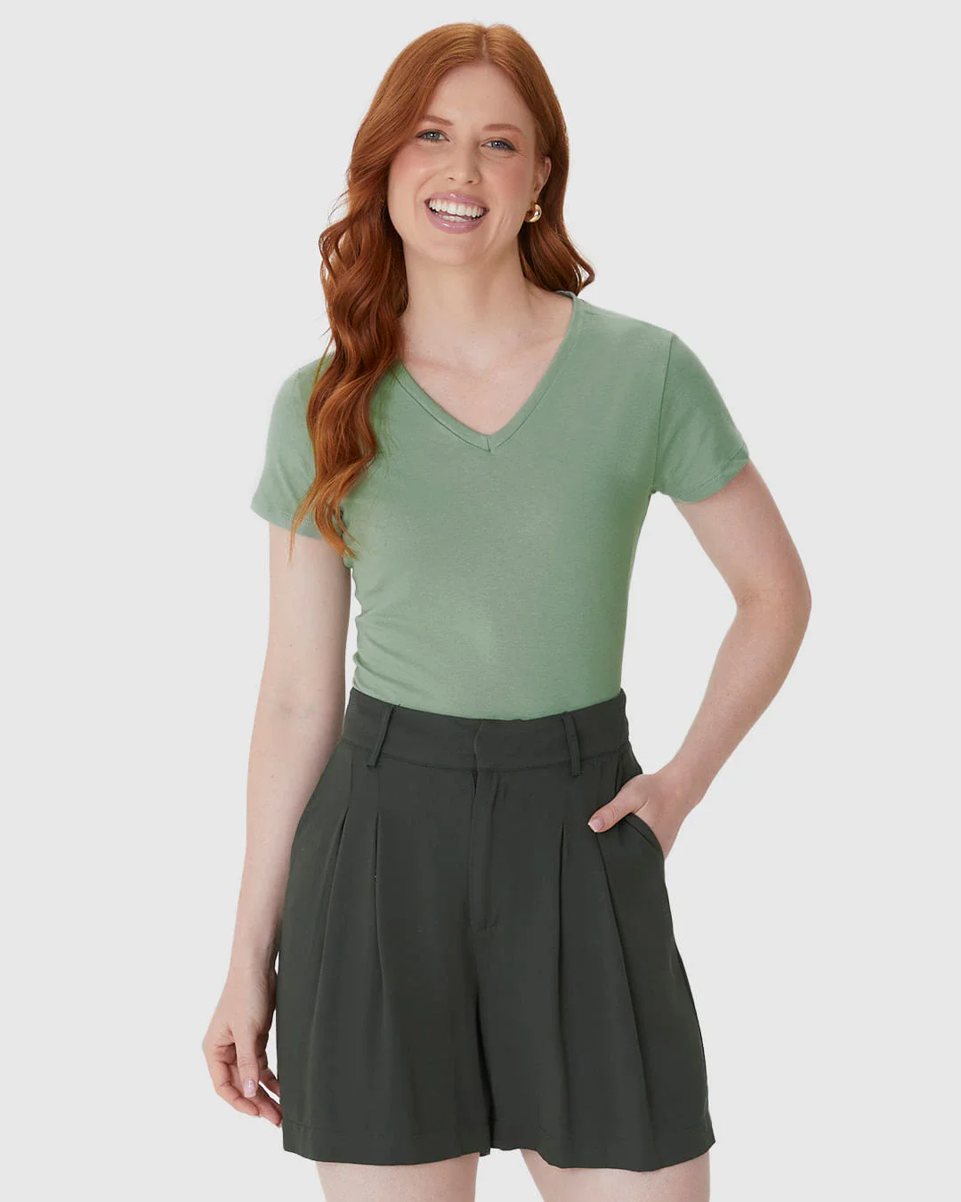 Camiseta Básica Feminina Slim Decote V Em Algodão