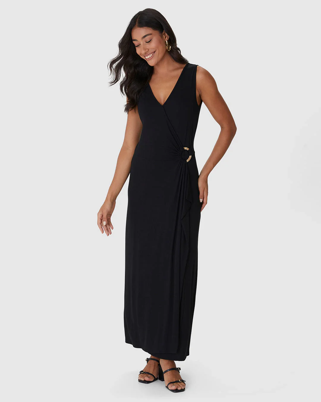 Vestido Longo Feminino Transpassado Detalhe Com Argola Em Viscose Stretch