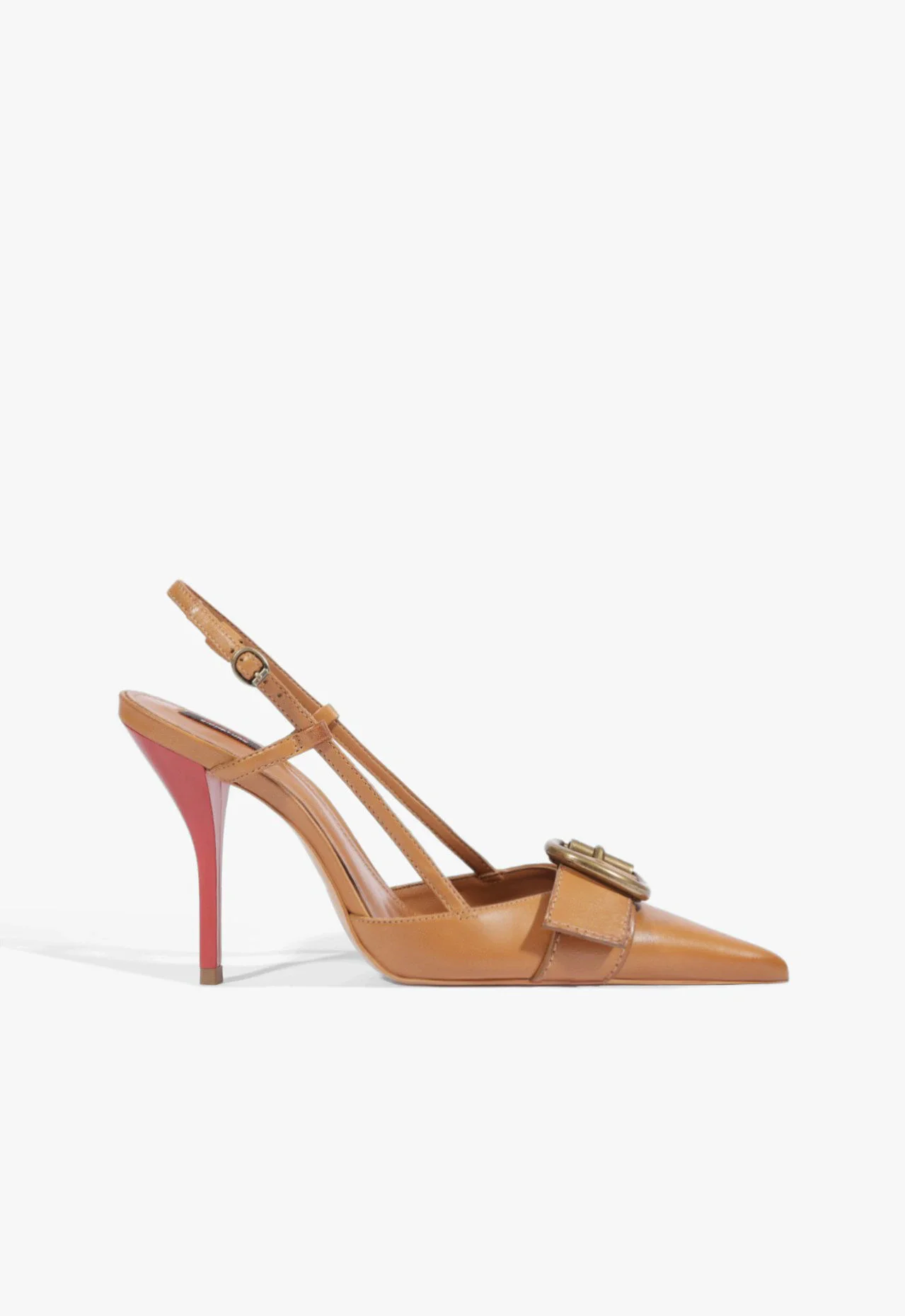 Scarpin Slingback Bico Fino Fivela Couro Marrom Claro