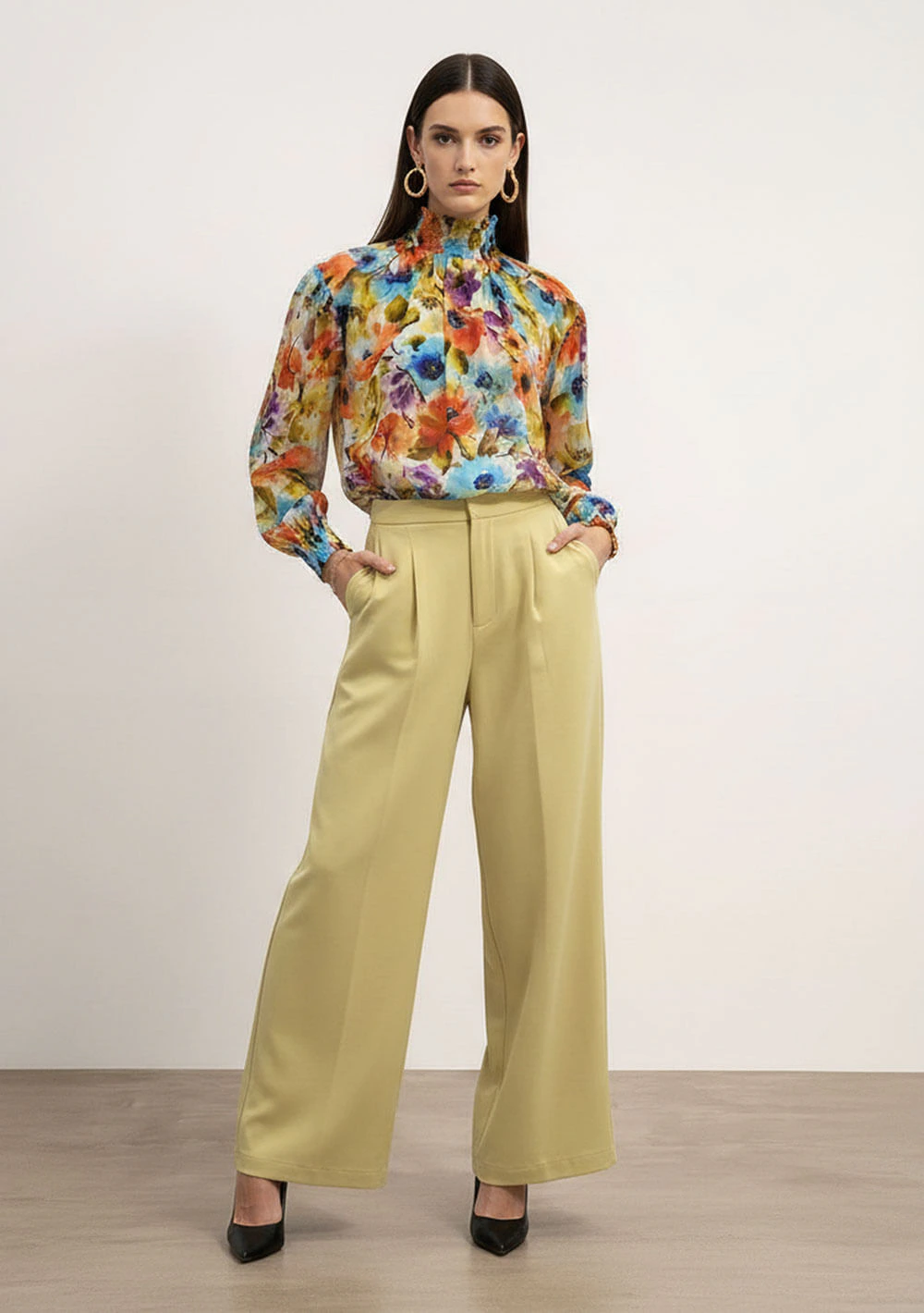 Blusa Solta Gola Alta Manga Longa Padrão Vermelho
