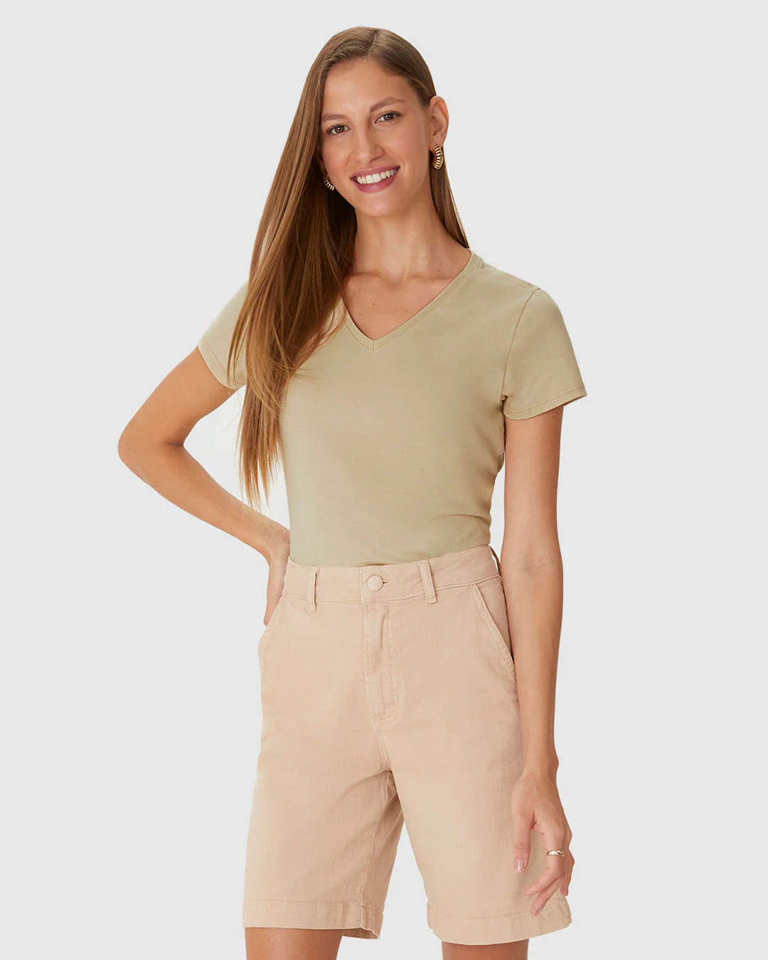Camiseta Básica Feminina Slim Decote V Em Algodão
