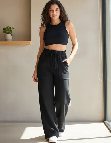 Calça Moletom Feminina Pantalona Elástico Na Cintura Alta