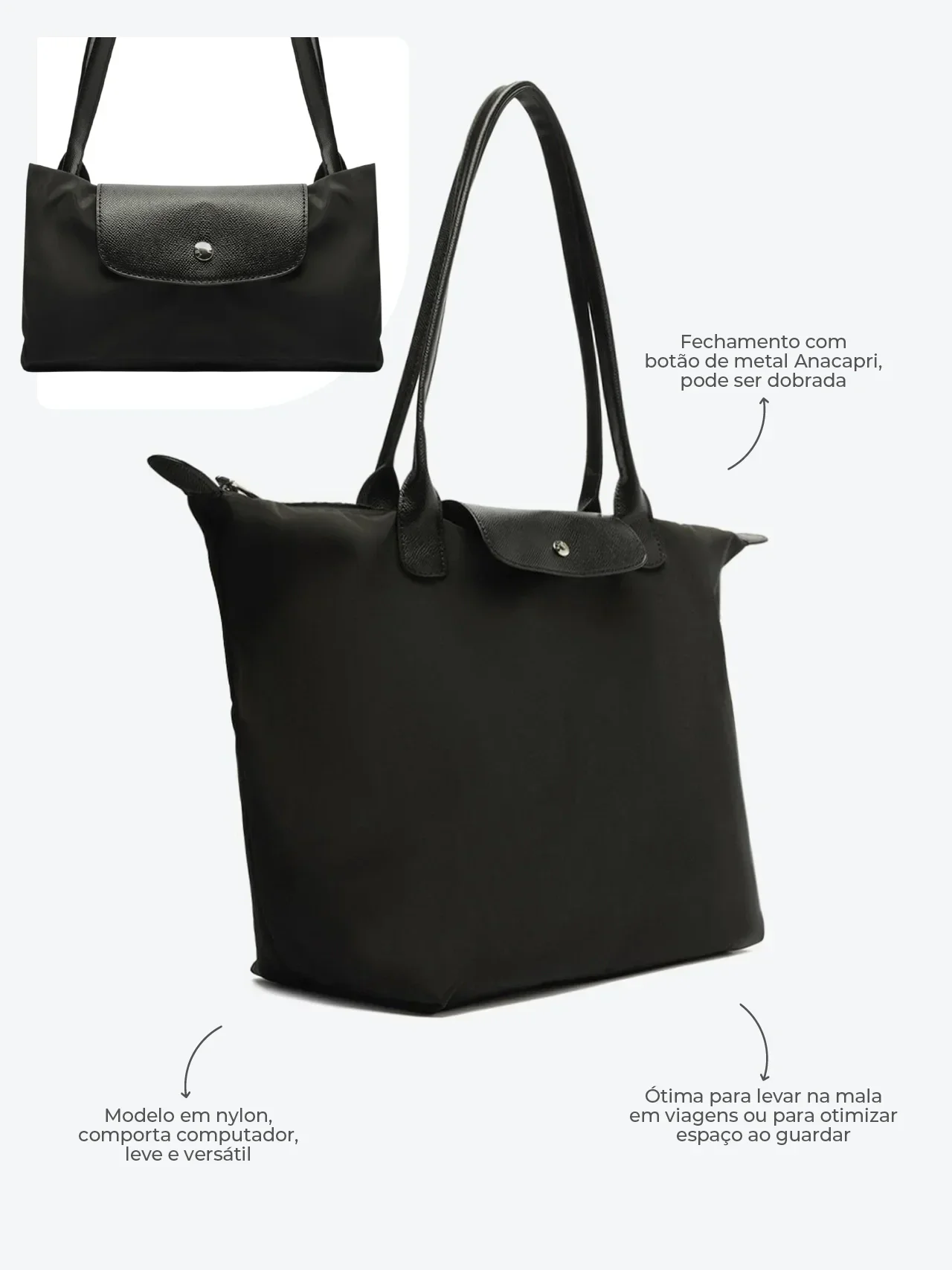 Bolsa Shopping Grande Nylon Botão Preta