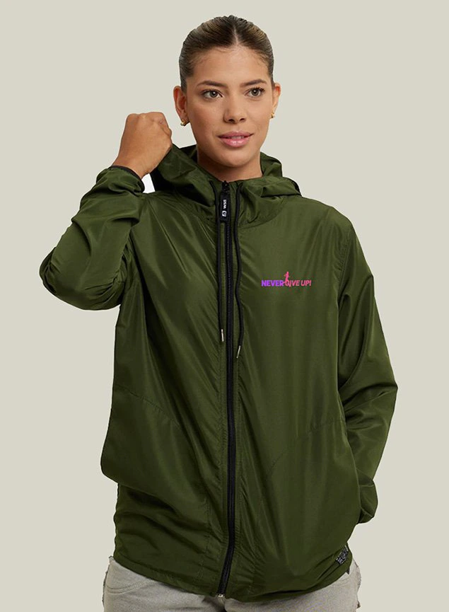Jaqueta Corta Vento Impermeável Feminino Verde Militar Corrida WSS Brasil Never Give Up!