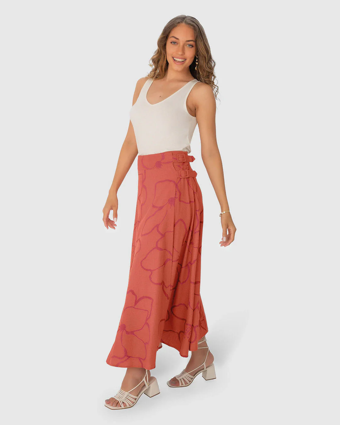 Saia Midi Feminina Estampada Fivela Lateral Em Viscolinho