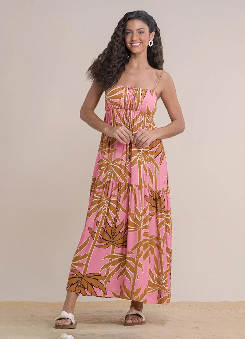 Angel - Vestido Midi Viscose Estampada Rosa