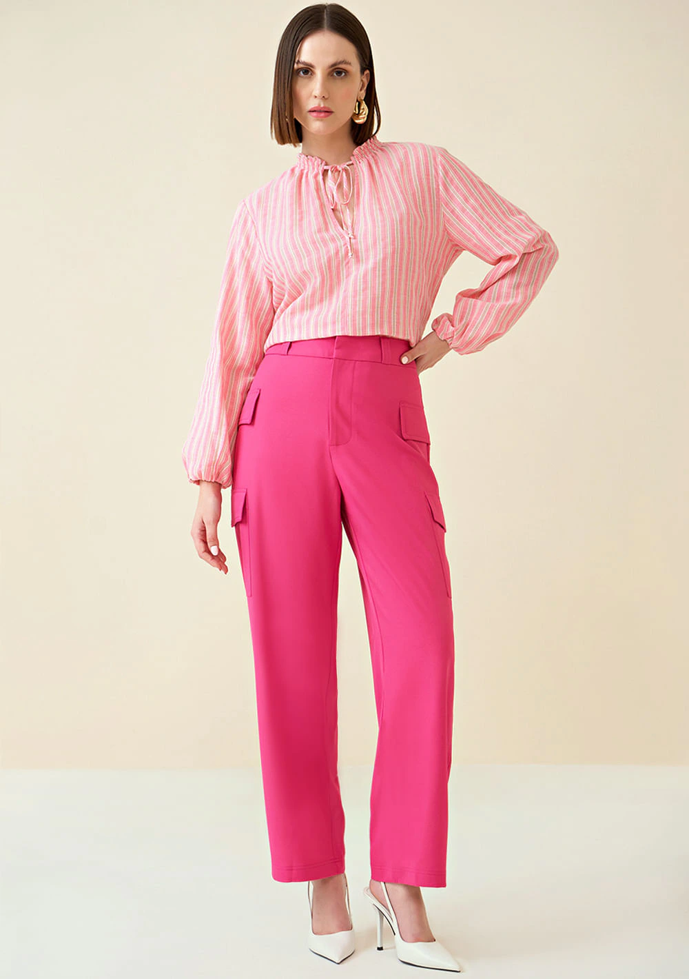 Calça Maria.Valentina Reta Cós Alto Bolso Lateral Rosa
