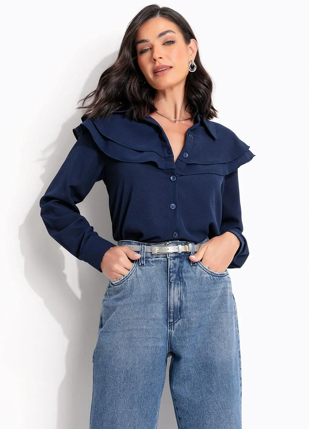 Quintess - Blusa Azul Marinho em Crepe Plano
