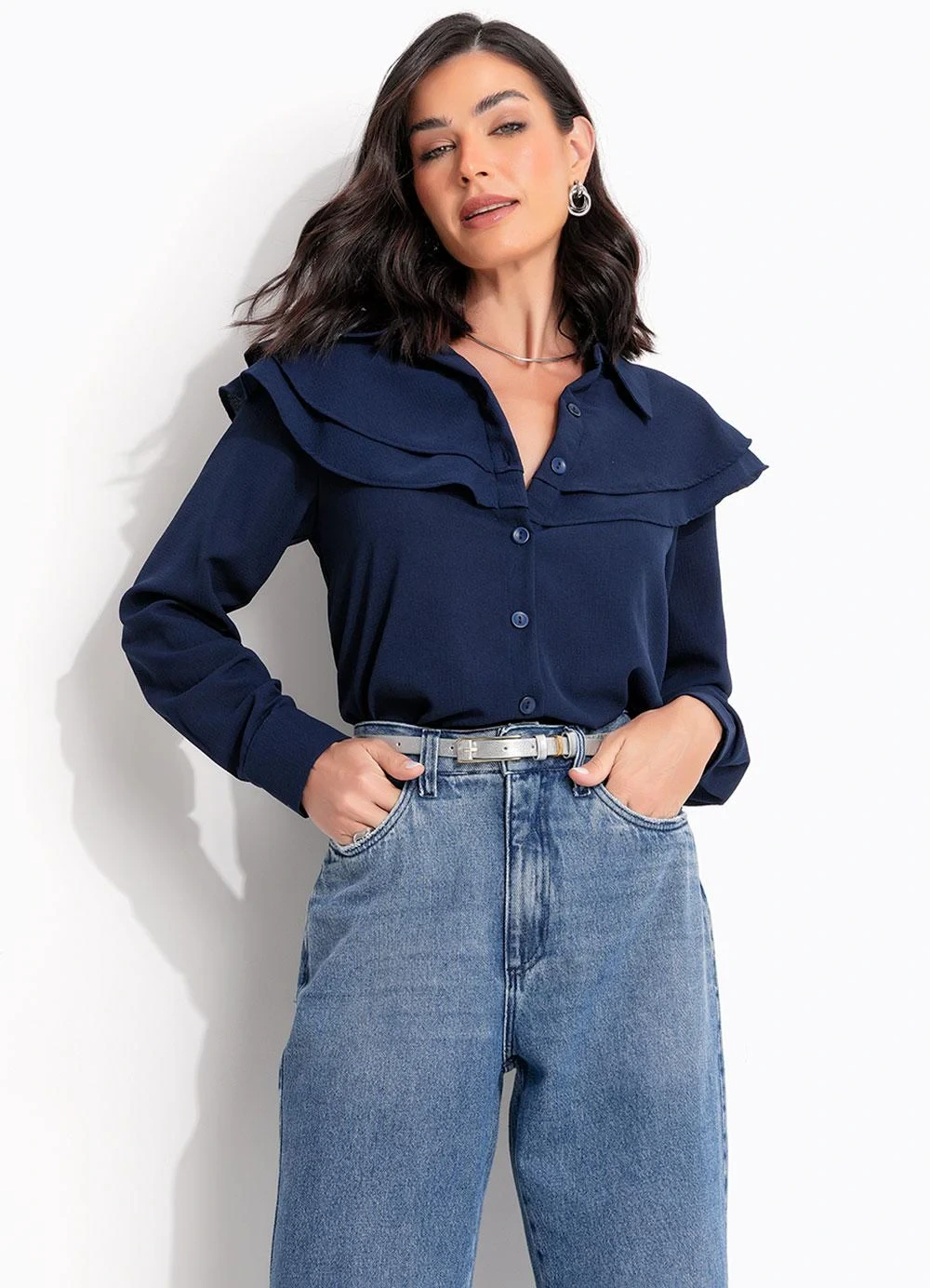 Quintess - Blusa Azul Marinho em Crepe Plano