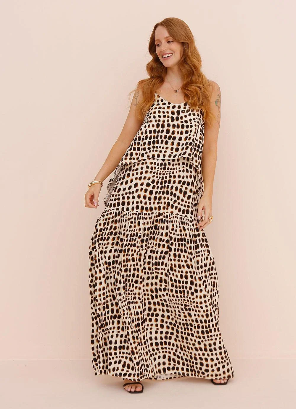 Enfim - Vestido Longo Animal Print em Viscose Off White