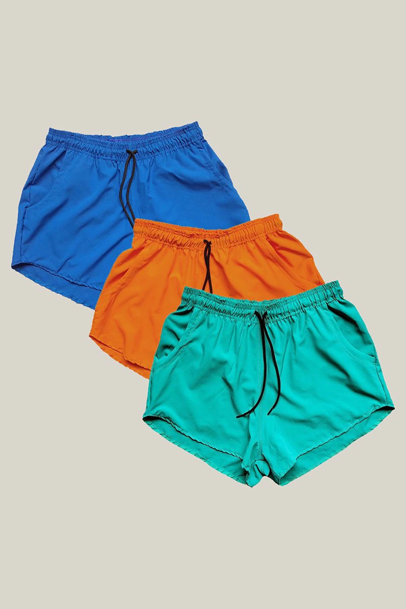 Kit 3 Shorts Praia Feminino Azul Royal, Laranja Neon e Verde WSS