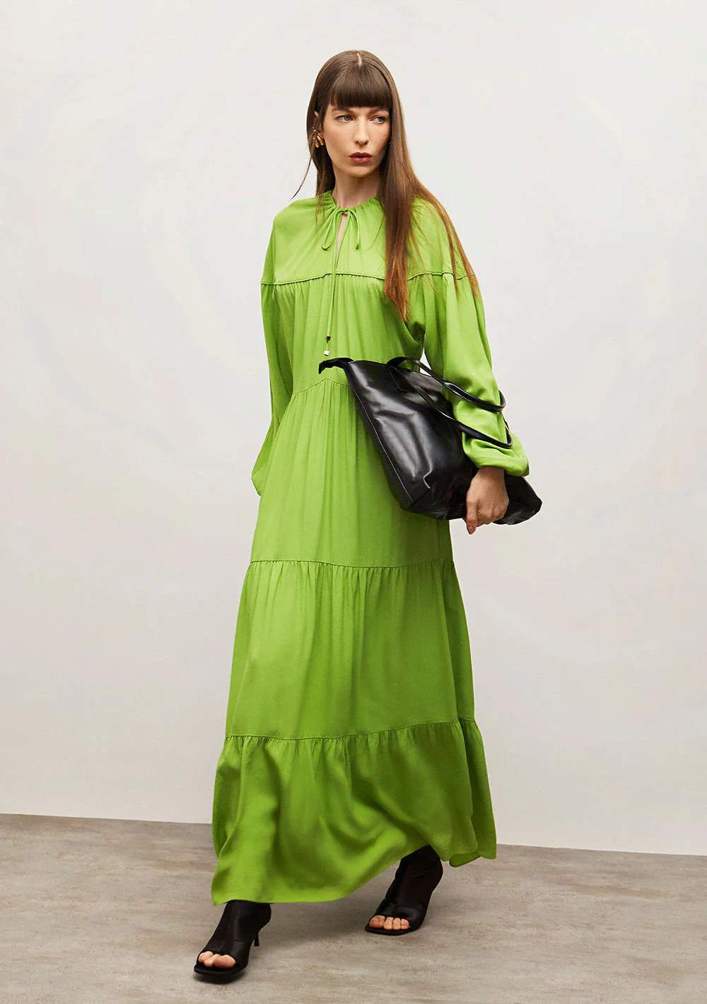 Vestido Iódice Solto Decote V Manga Longa Longo Verde