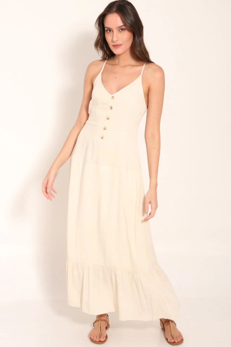 Vestido Longo Com Botões E Babado Linen Julia