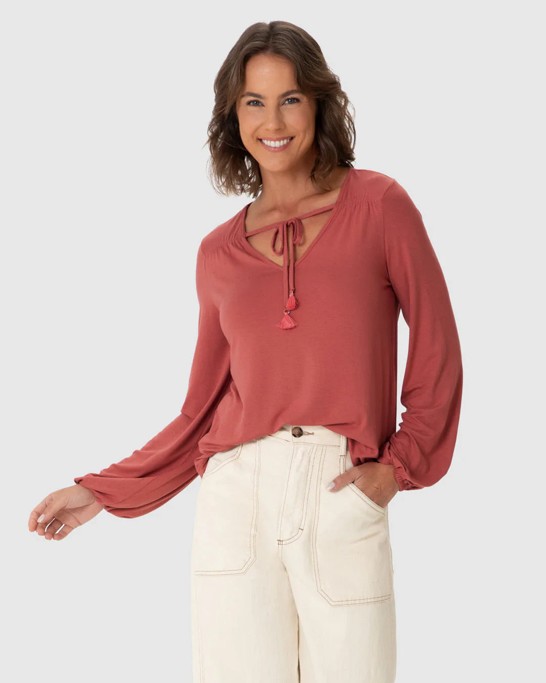 Blusa Feminina Amarração No Decote Em Malha Viscolinho Stretch
