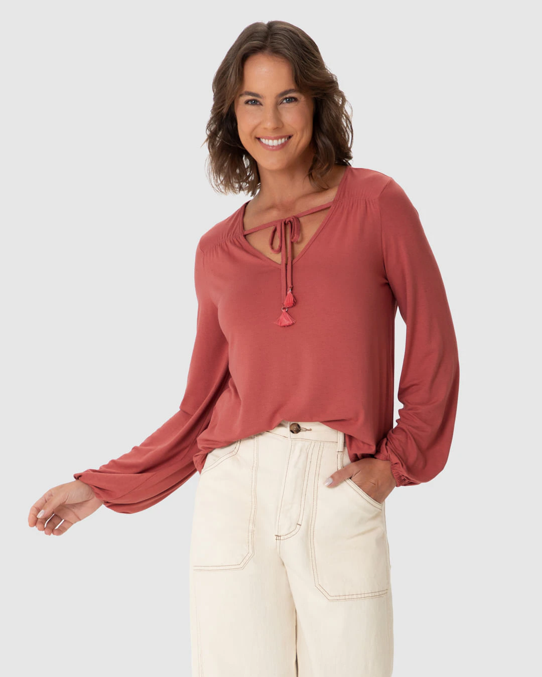 Blusa Feminina Amarração No Decote Em Malha Viscolinho Stretch