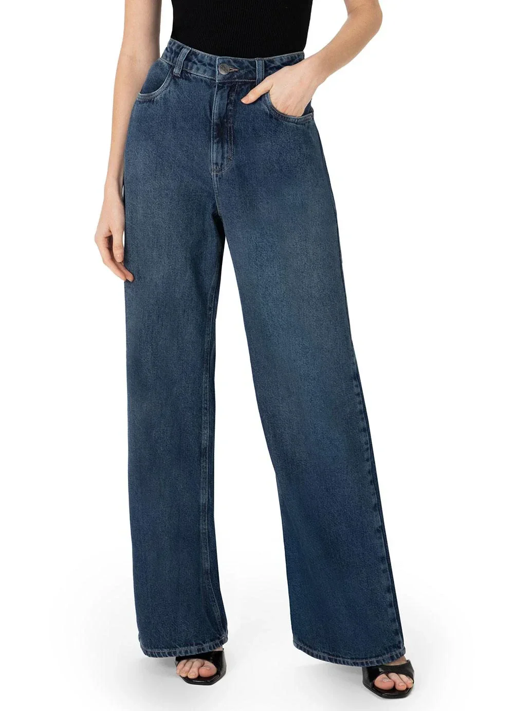 Enfim - Calça Wide Leg Cintura Alta Jeans Azul