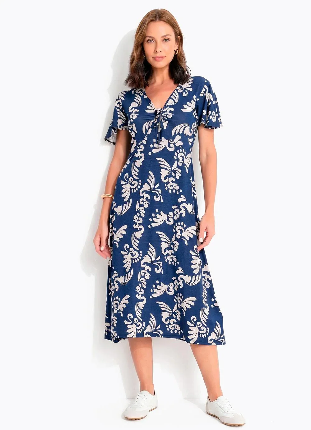 Quintess - Vestido Arabescos Marinho em Malha de Viscose