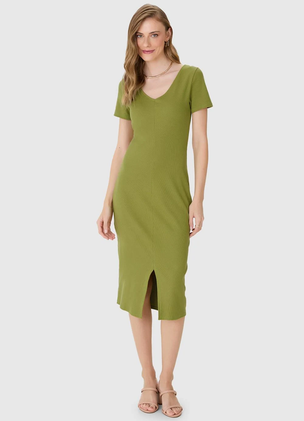 Malwee - Vestido Mídi Justo Acinturado Canelado Verde