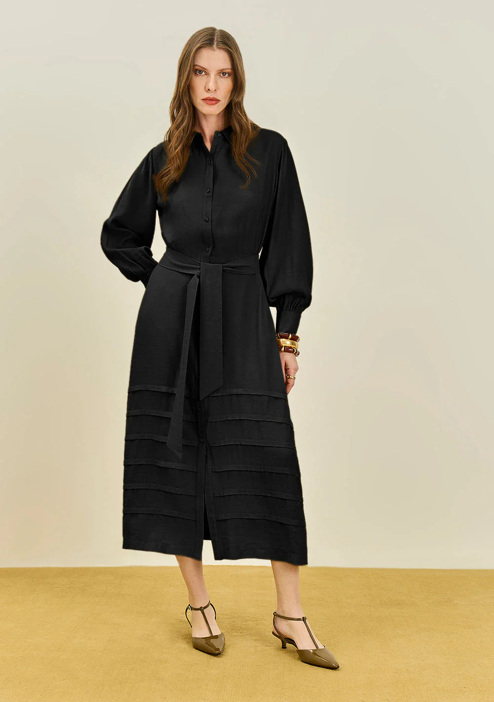 Vestido Maria.Valentina Solto Gola Clássica Manga Longa Midi Preto