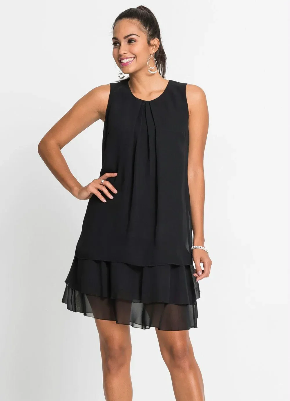bonprix - Vestido Trapézio com Babados Preto