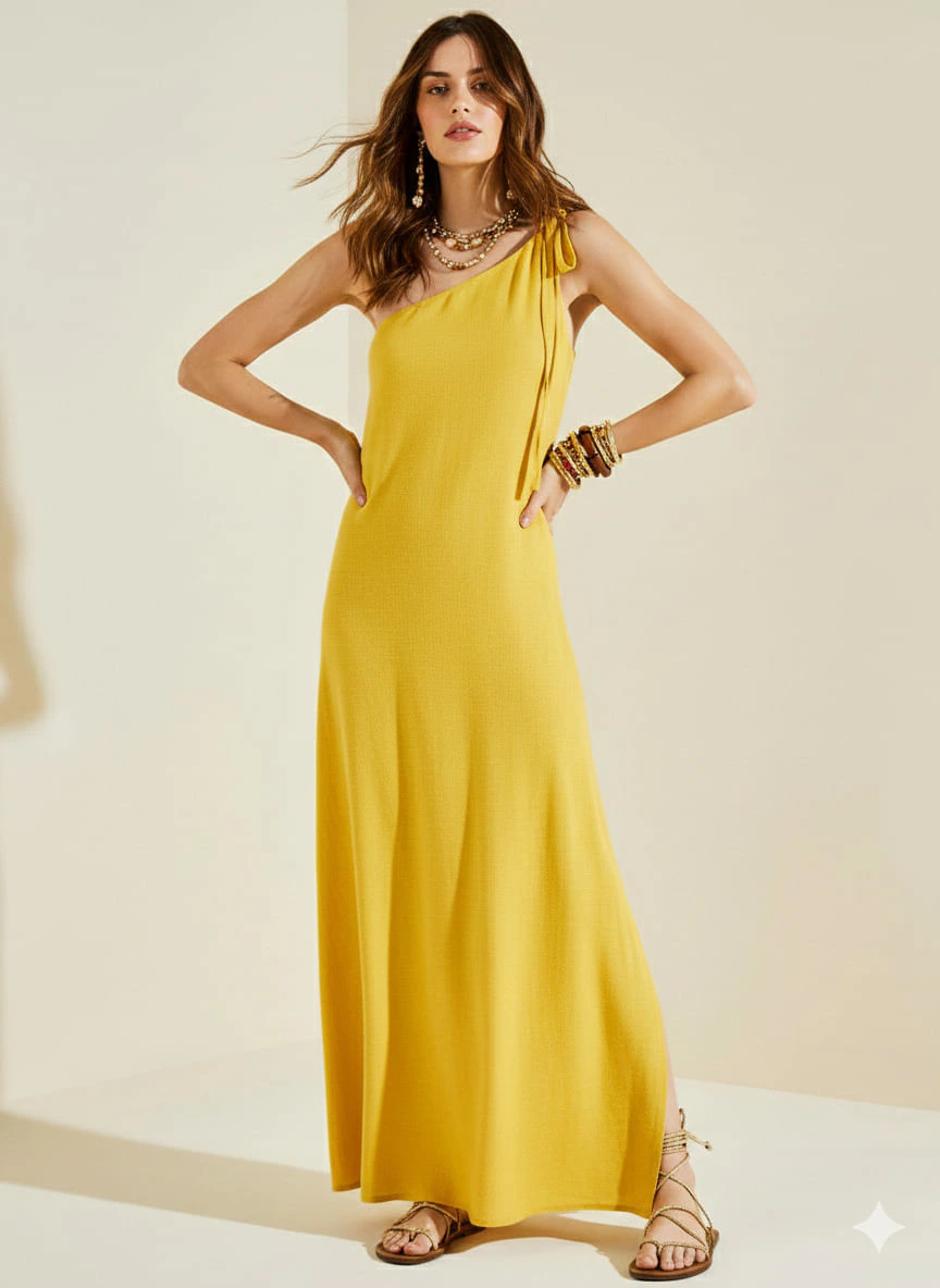 Vestido Morena Rosa Solto Um Ombro Só Sem Manga Midi Amarelo