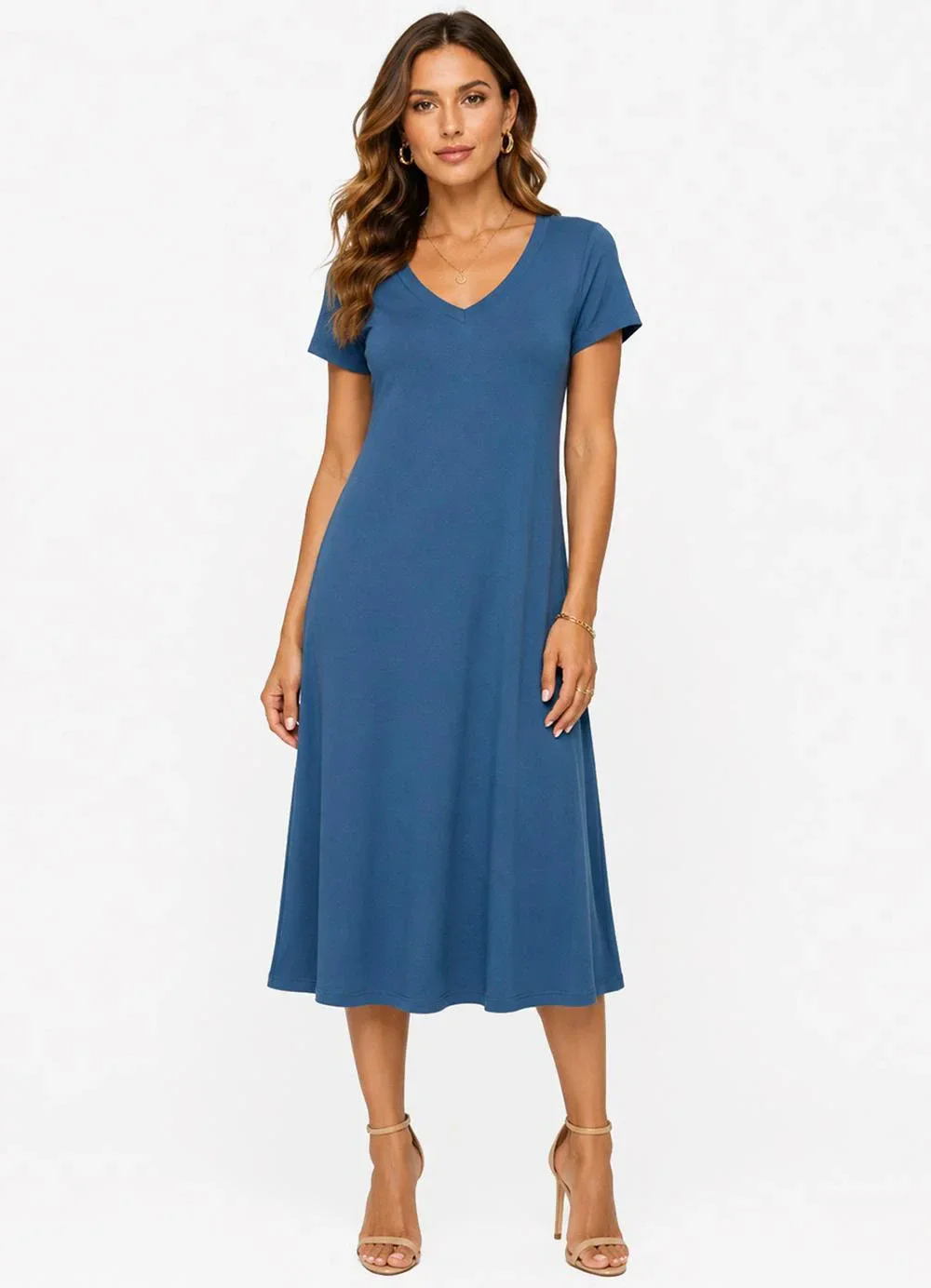 Rovitex - Vestido Midi com Decote em V Malha Visco Azul