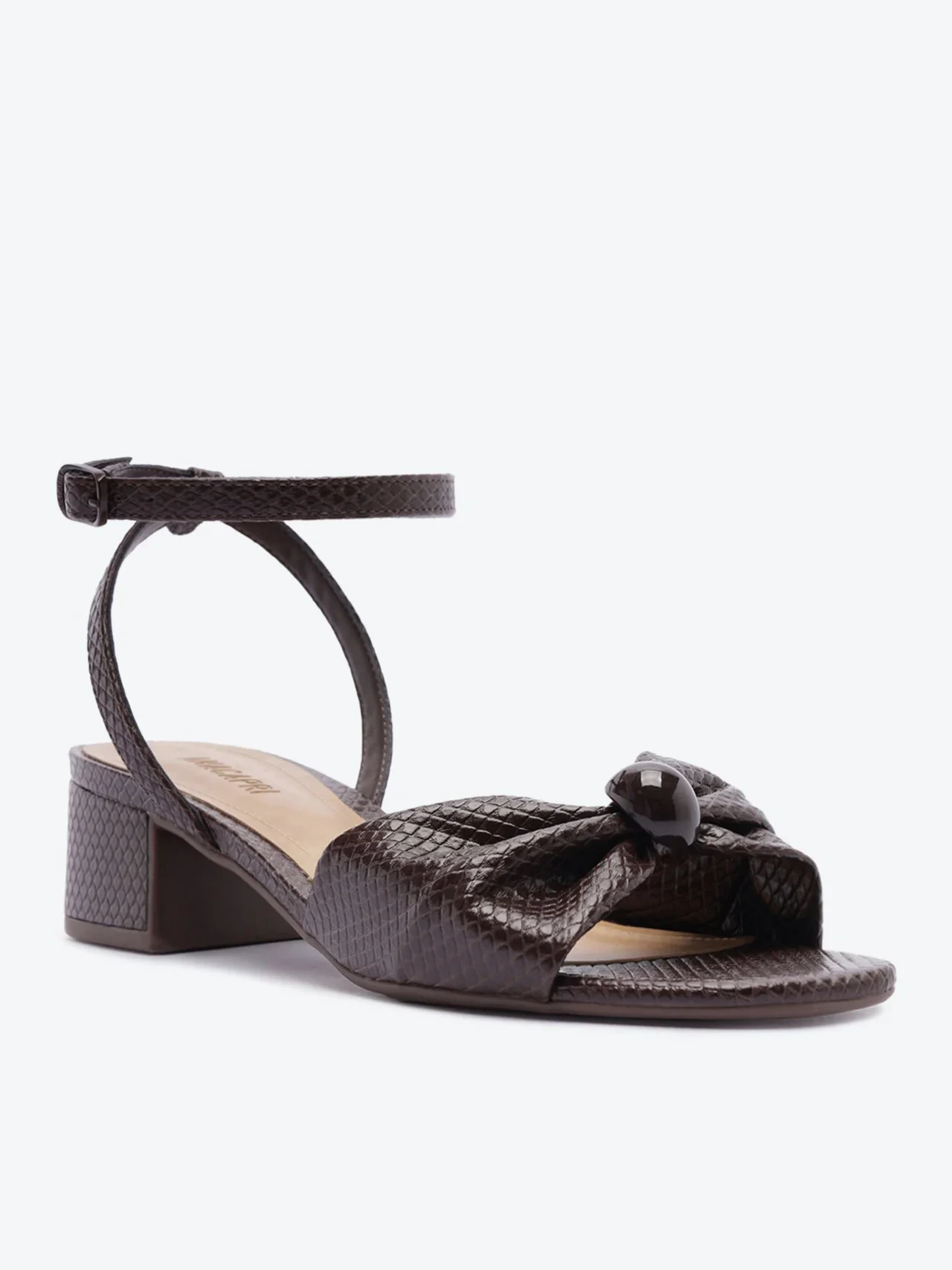 Sandália Salto Bloco Laço Esfera Croco Marrom