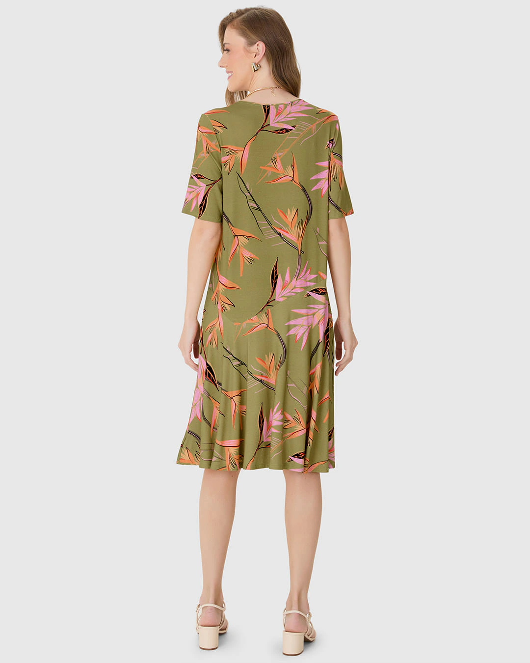 Vestido Feminino Estampa Folhagem Geométrica Em Malha Viscolinho Stretch