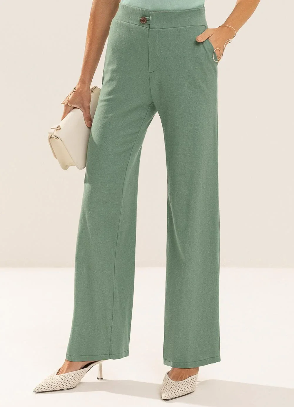 Gris - Calça em Tecido com Linho e Elastano Verde