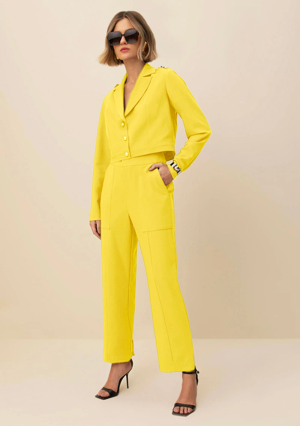 Calca Morena Rosa Cenoura Cós Alto Bolso Faca Amarelo