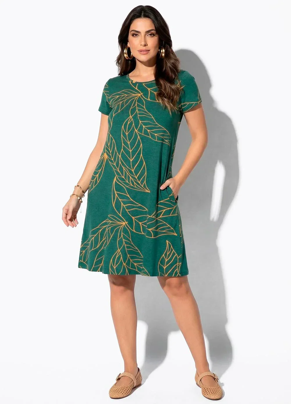 Quintess - Vestido Folhagem Verde com Bolsos