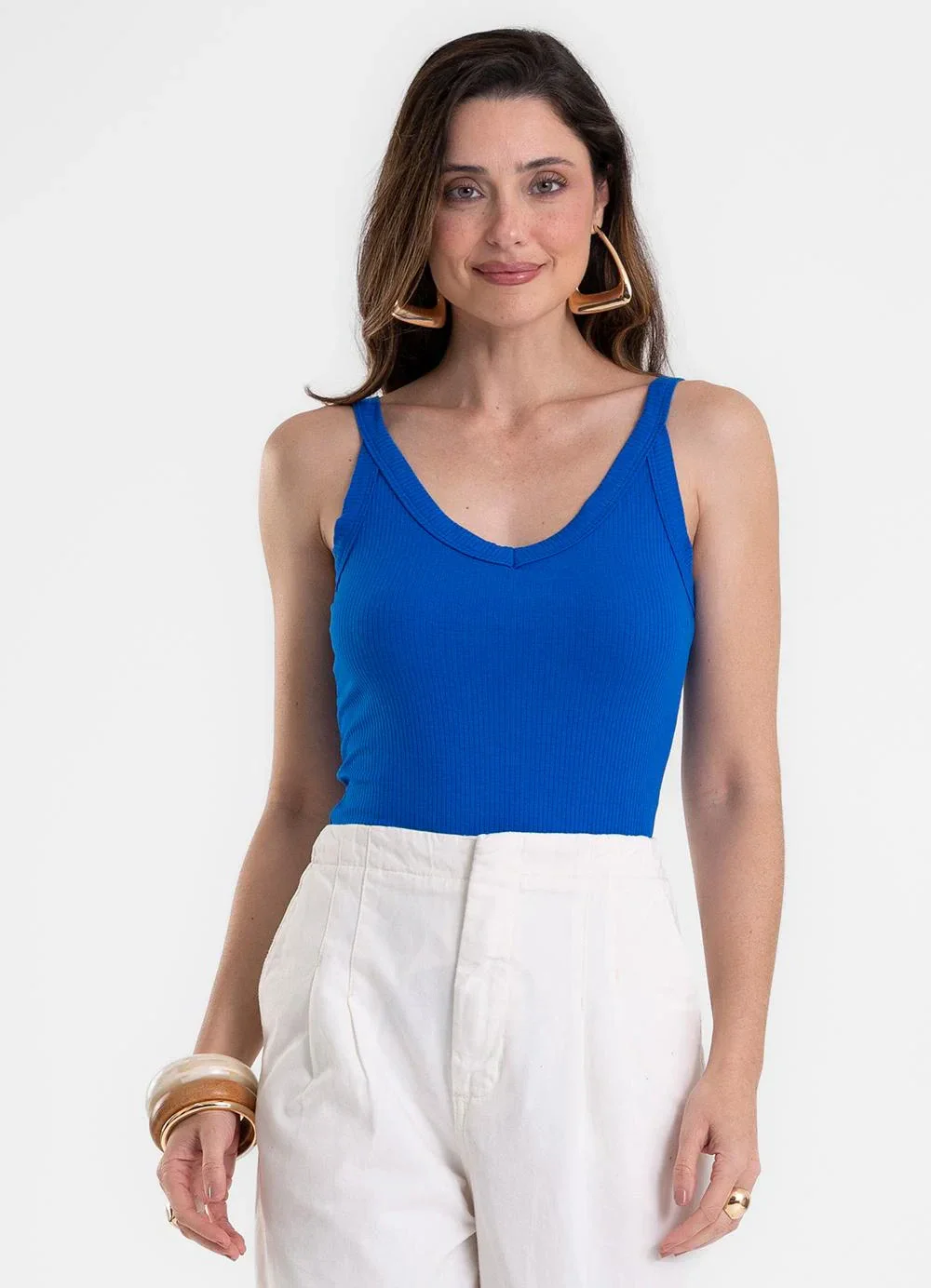 Rovitex - Blusa Feminina Ribana Canelada de Viscose Azul
