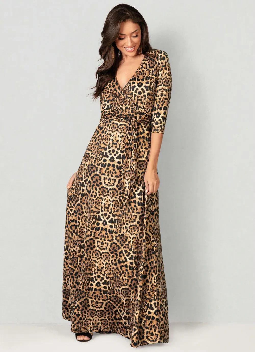 bonprix - Vestido Decote Transpassado Animal Print Marrom