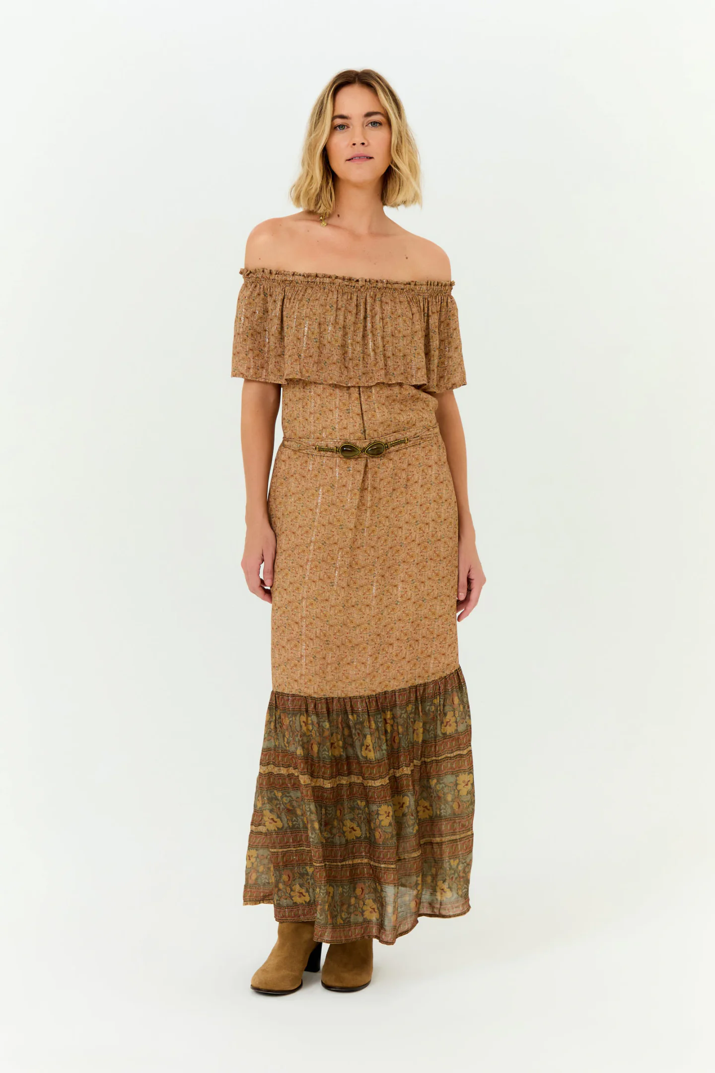 Vestido Longo Cinto Mix Estampa Ipe