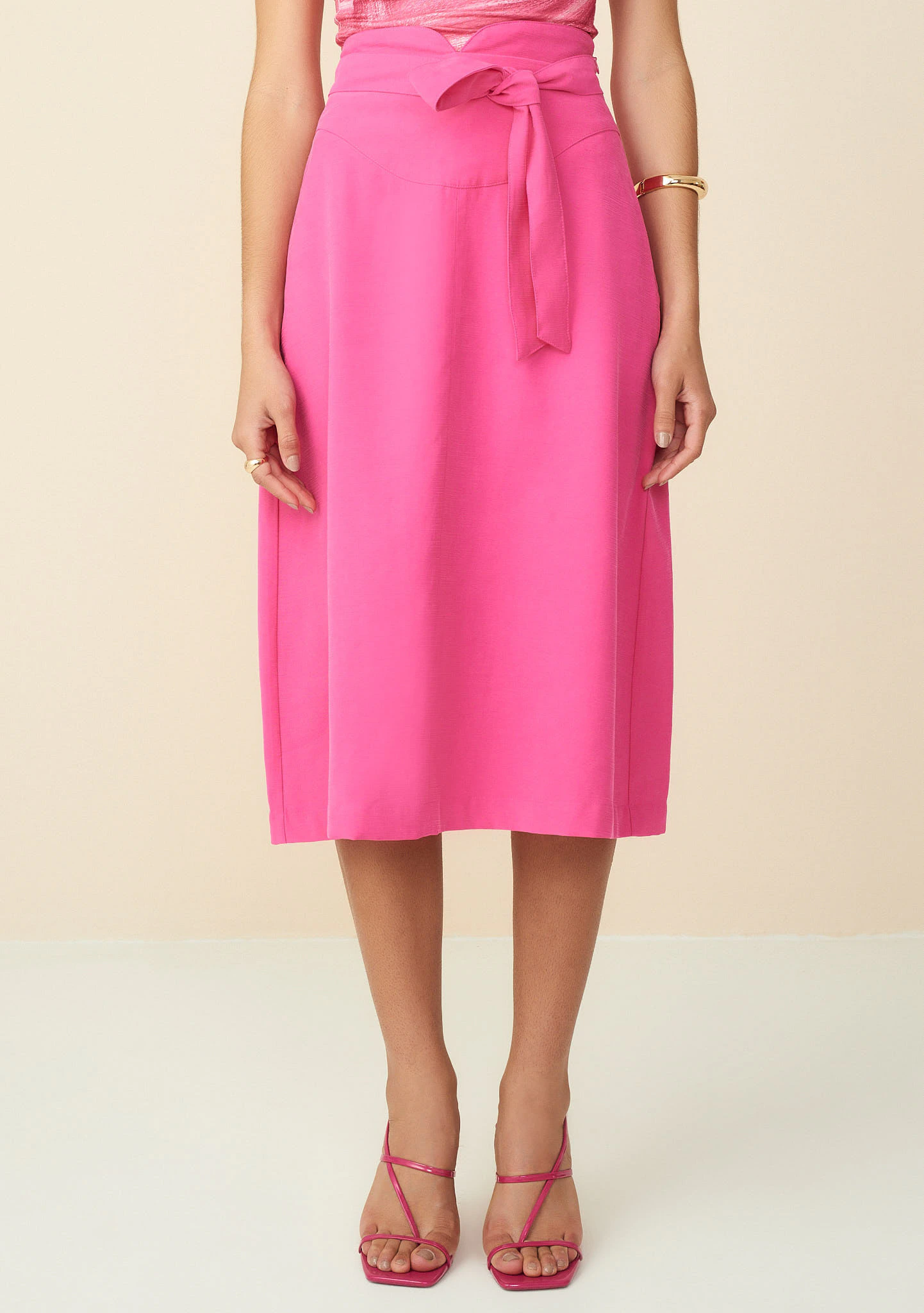Saia Maria.Valentina Midi Evasê Com Faixa Pink