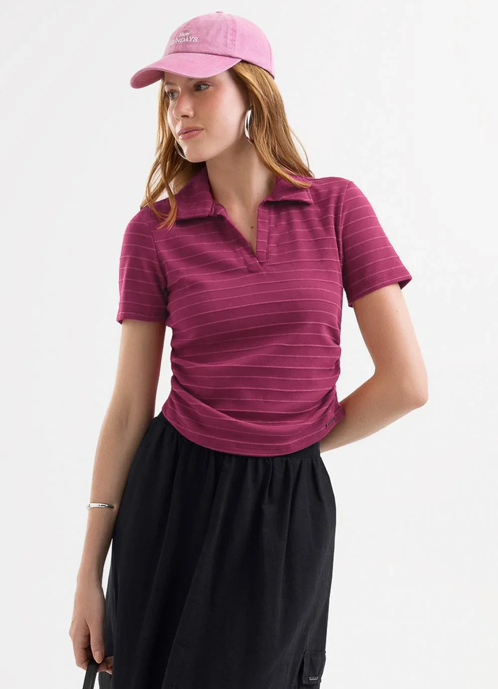 Cativa - Blusa Polo Listrada em Cotton Roxo