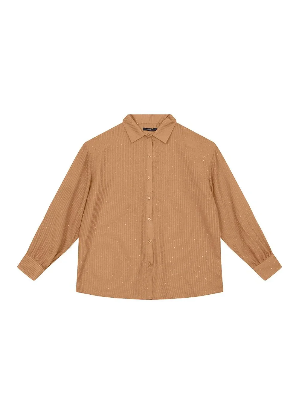 Enfim - Camisa Ampla Listrada com Brilho Caramelo